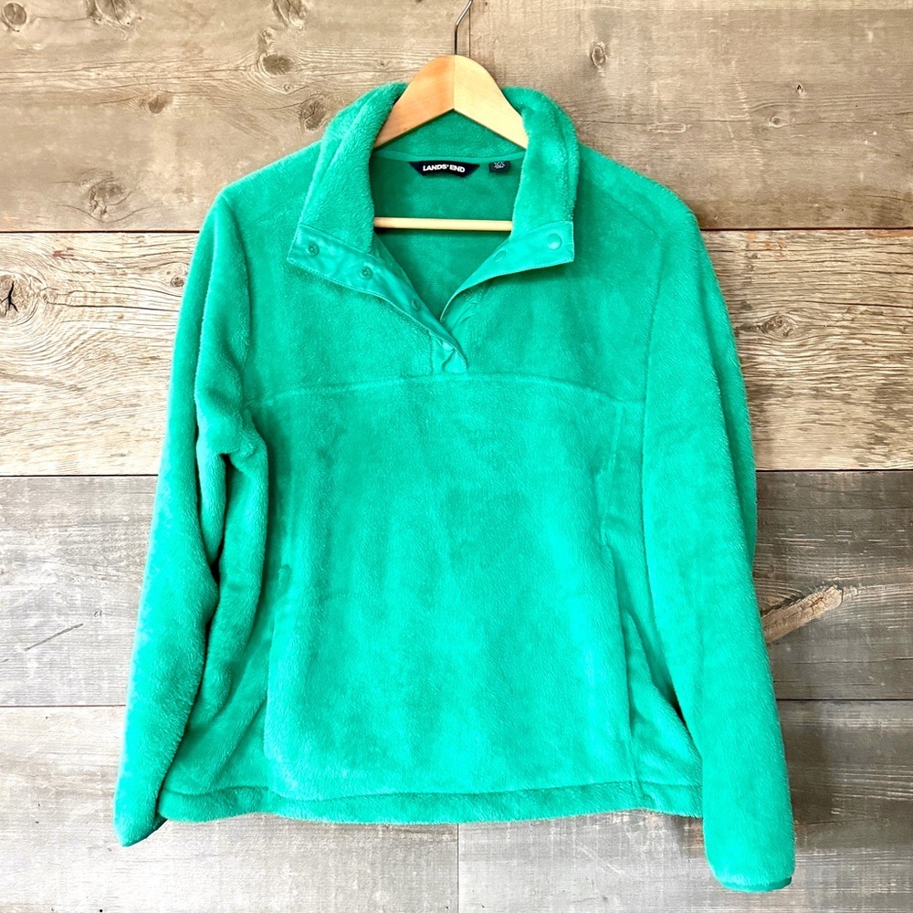 EUC Lands' End Soft Teddy Fleece L Petite Teal Green‎ 1/4 Snap Pullover Pockets